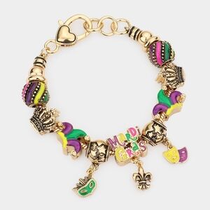 Purple Green Gold Mardi Gras Beaded Charm Bracelet